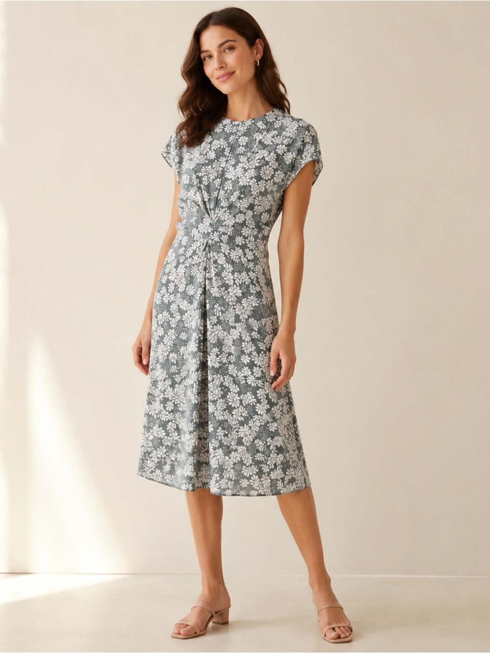 Lewit Green Balsam Daisy Floral 92% Silk Draped Midi Dress Size 4